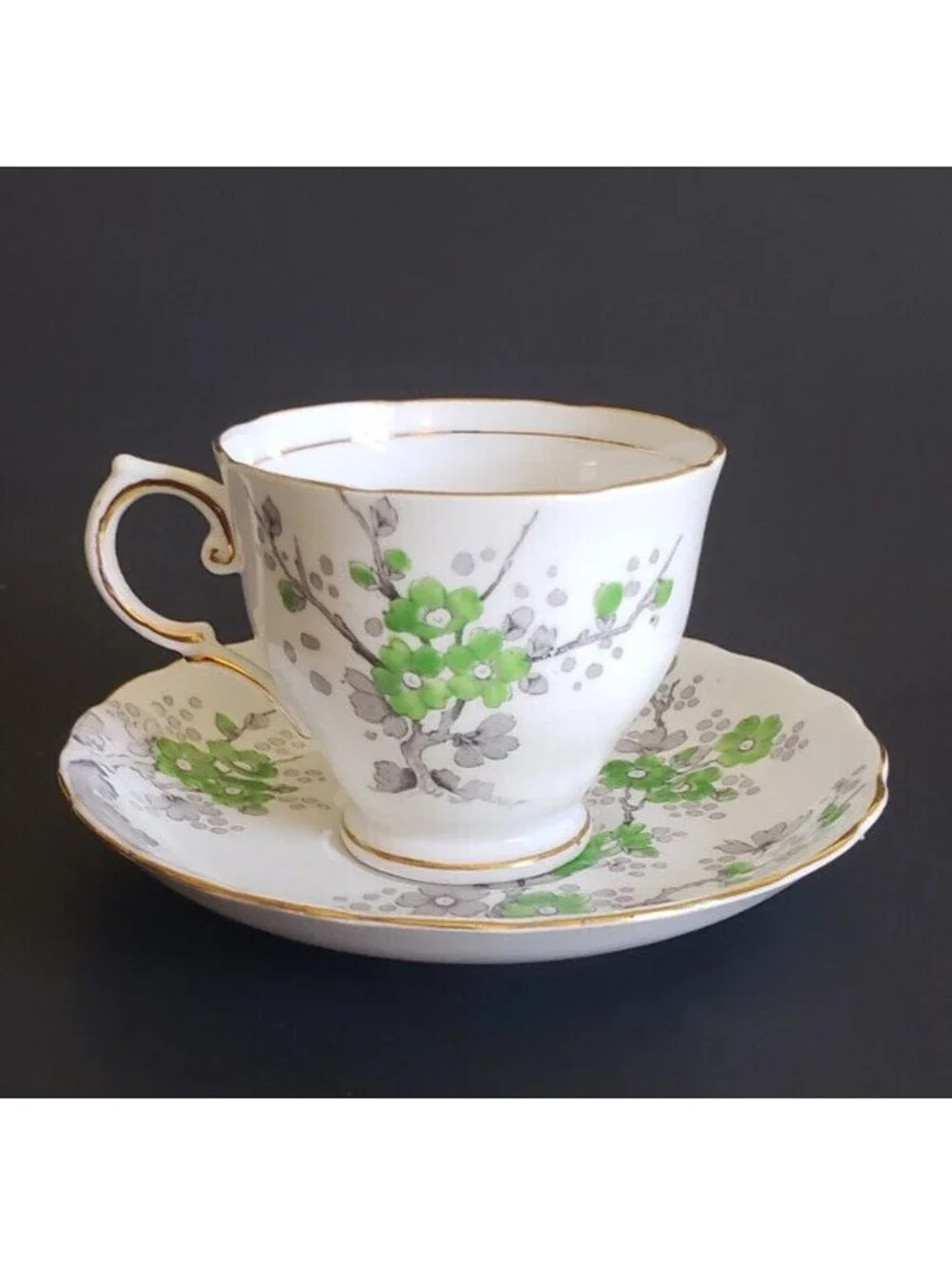 Vintage Tuscan Fine English Bone China Green Blossoms Gold Trim Tea Cup, Saucer